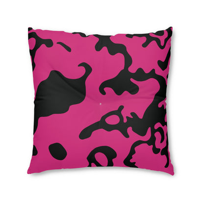 Square Tufted Floor Pillow | for Pets and Companions | Camouflage Fuchsia & Black Design