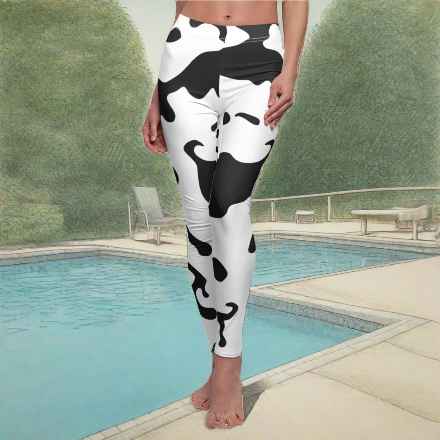 Women's Cut & Sew Casual Leggings | Camouflage Black & White Design