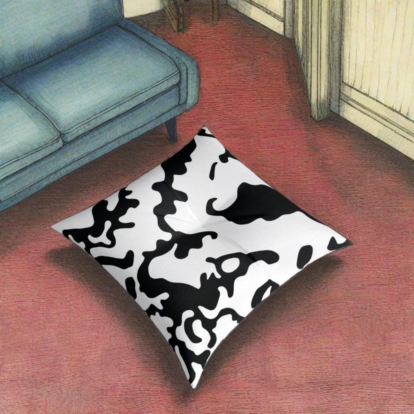 Square Tufted Floor Pillow | for Pets and Companions | Camouflage Black & White Design