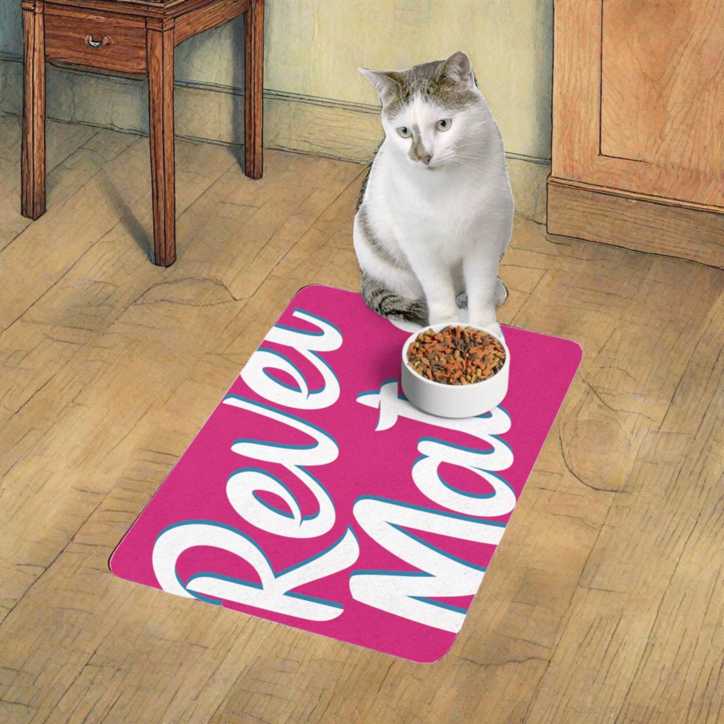 Pet Food Mat (12"x18") | for Dogs, Cats and all beloved Pets | Fuchsia & White RevelMates Design