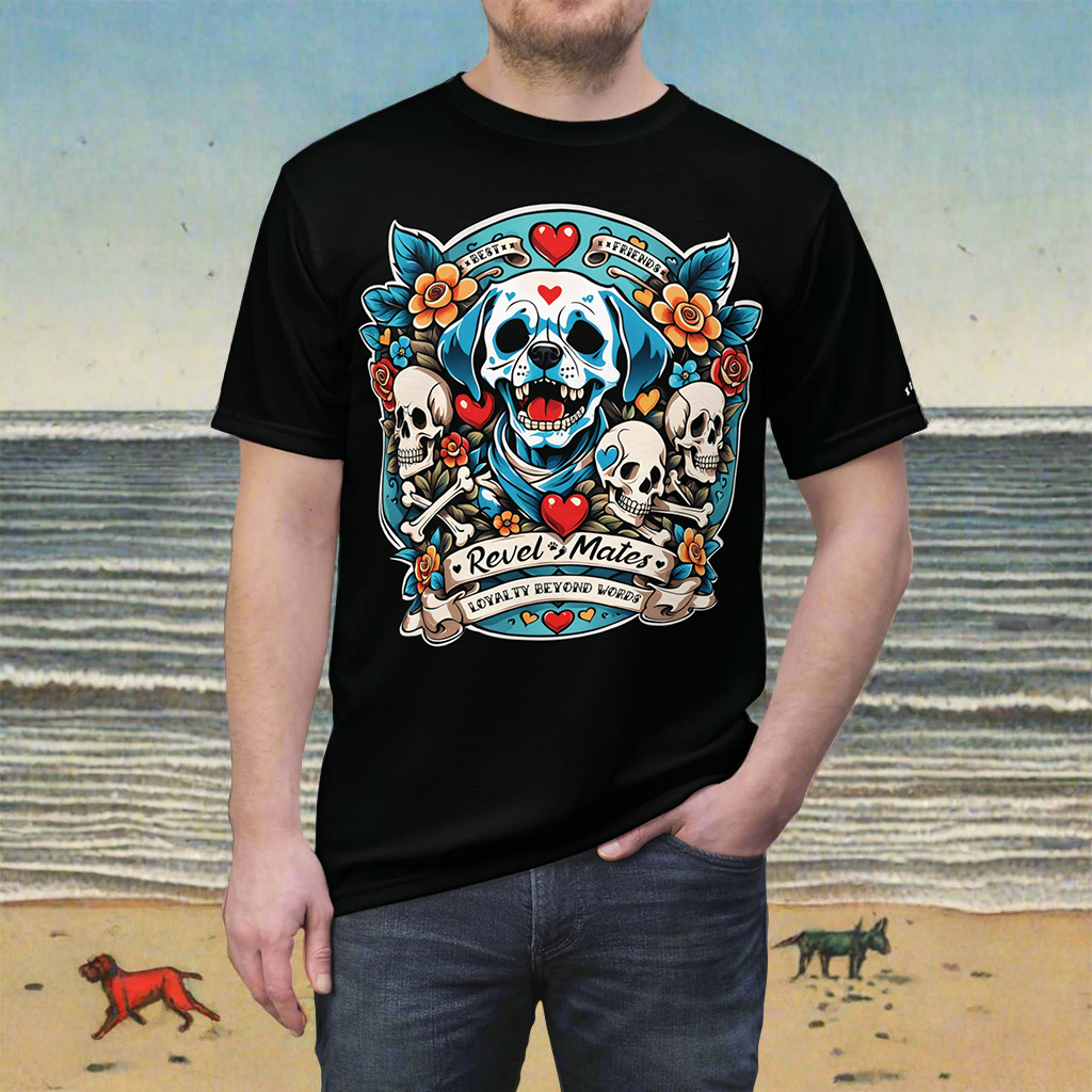 Unisex Cut & Sew T-Shirt | All Over Print Tee | Dog Skull Tattoo Design | 4 colors