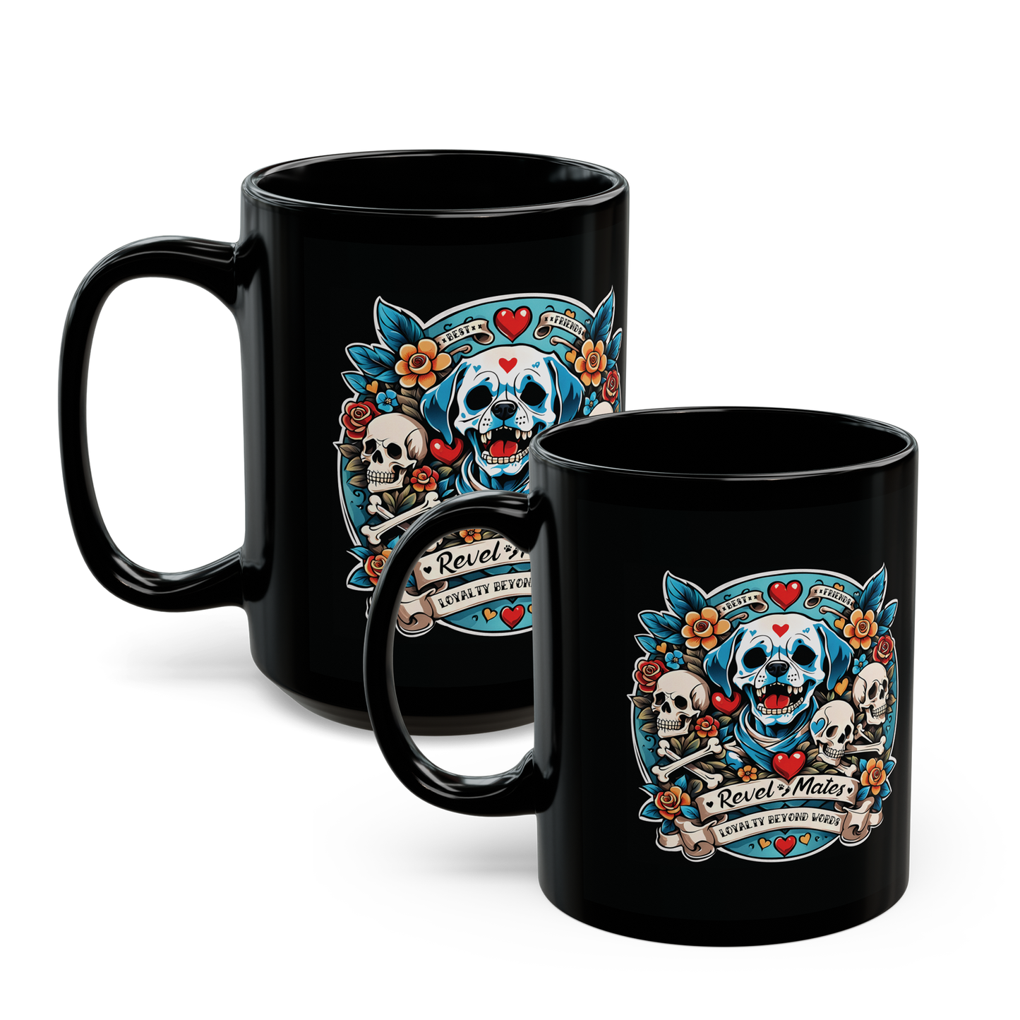 Total Black Ceramic Mug (11oz, 15oz) | Dog Skull Tattoo Design | 2 sizes