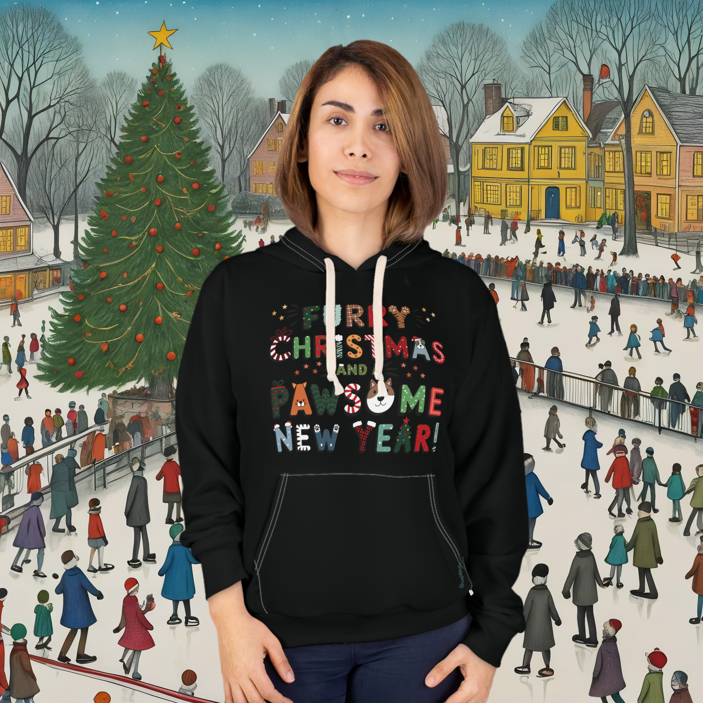 Unisex Cut & Sew Pullover Hoodie | All Over Print Hoodie | Furry Christmas Design | 8 colors