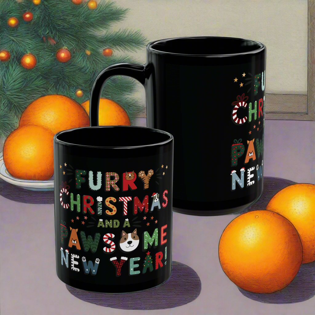 Total Black Ceramic Mug (11oz, 15oz) | Furry Christmas Design | 2 sizes