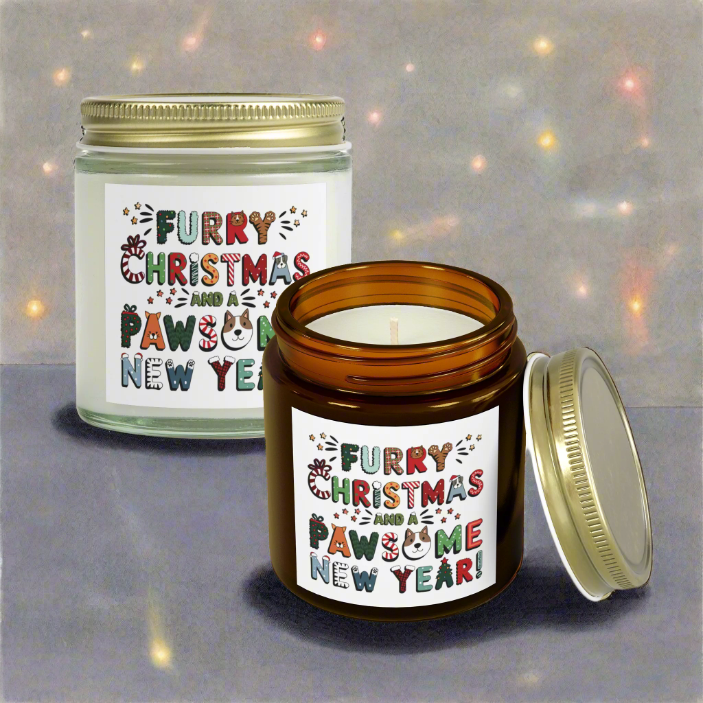 Scented Candles, Coconut Apricot Wax (4oz, 9oz) | Furry Christmas Design | 2 colors | 9 scents