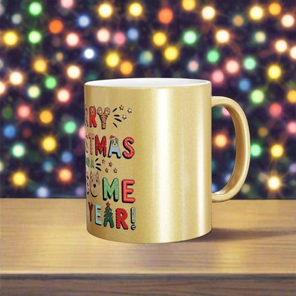 Silver & Gold Metallic Ceramic Mugs (11oz) | Furry Christmas Design | 2 colors