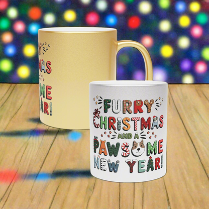 Silver & Gold Metallic Ceramic Mugs (11oz) | Furry Christmas Design | 2 colors