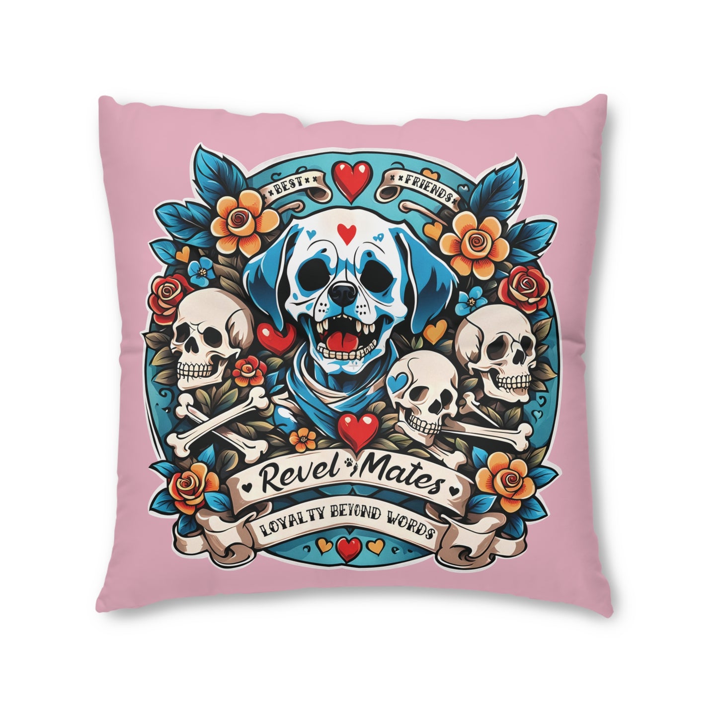 Square Tufted Floor Pillow | for Pets and Companions | Dog Skull Tattoo Design | 4 colors