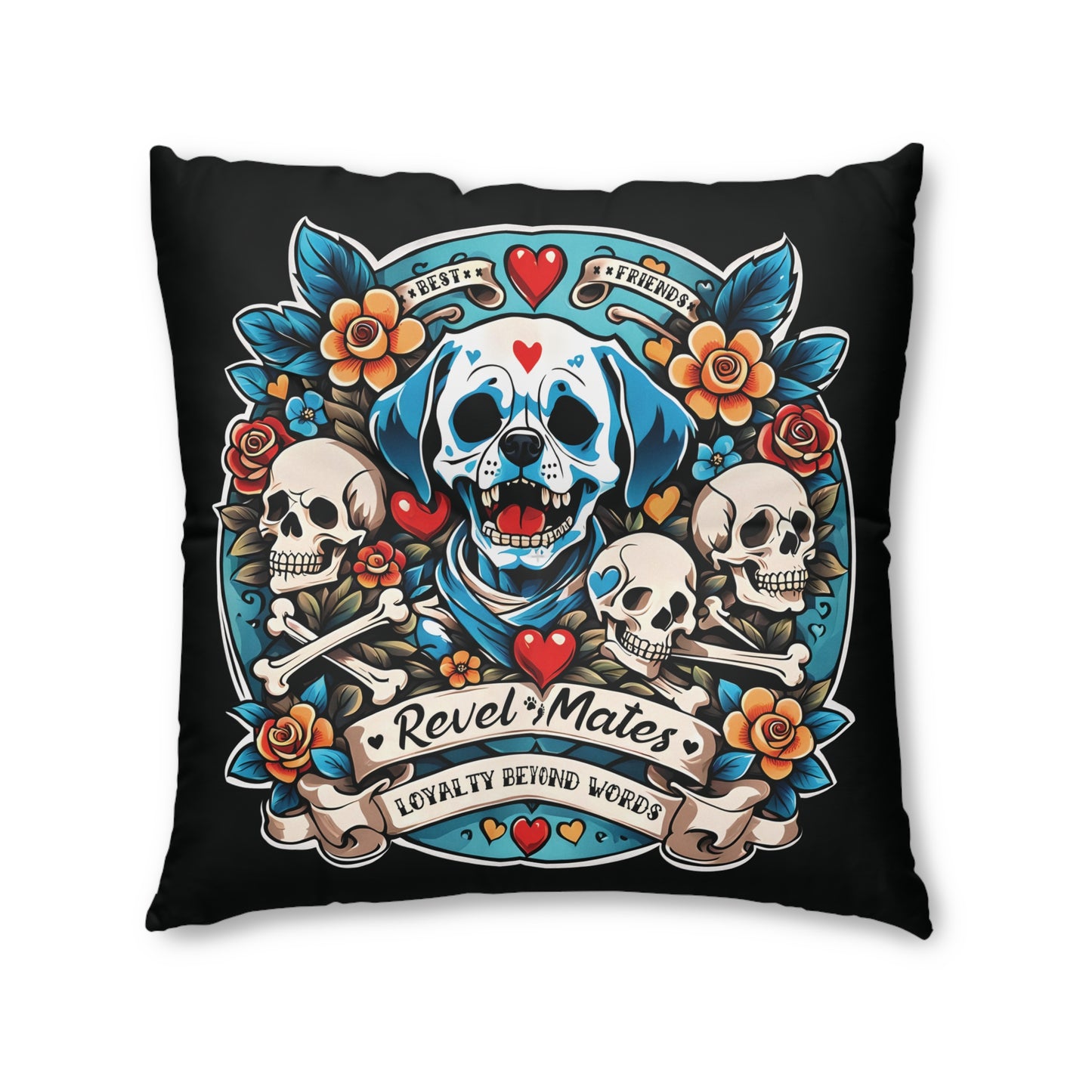 Square Tufted Floor Pillow | for Pets and Companions | Dog Skull Tattoo Design | 4 colors