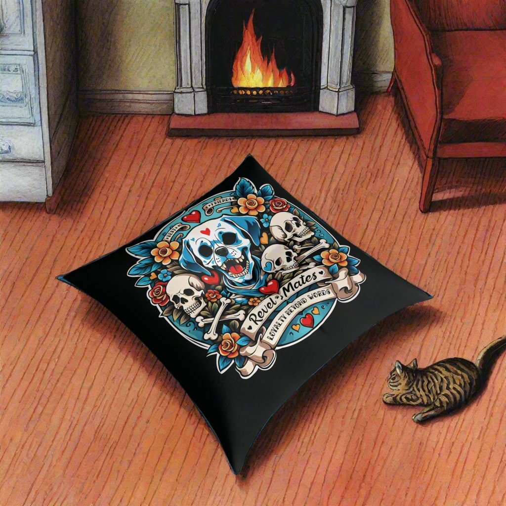 Square Tufted Floor Pillow | for Pets and Companions | Dog Skull Tattoo Design | 4 colors