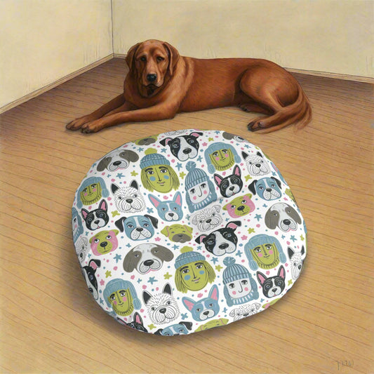 Round Tufted Floor Pillow | for Pets and Companions | Winter Doggies Design