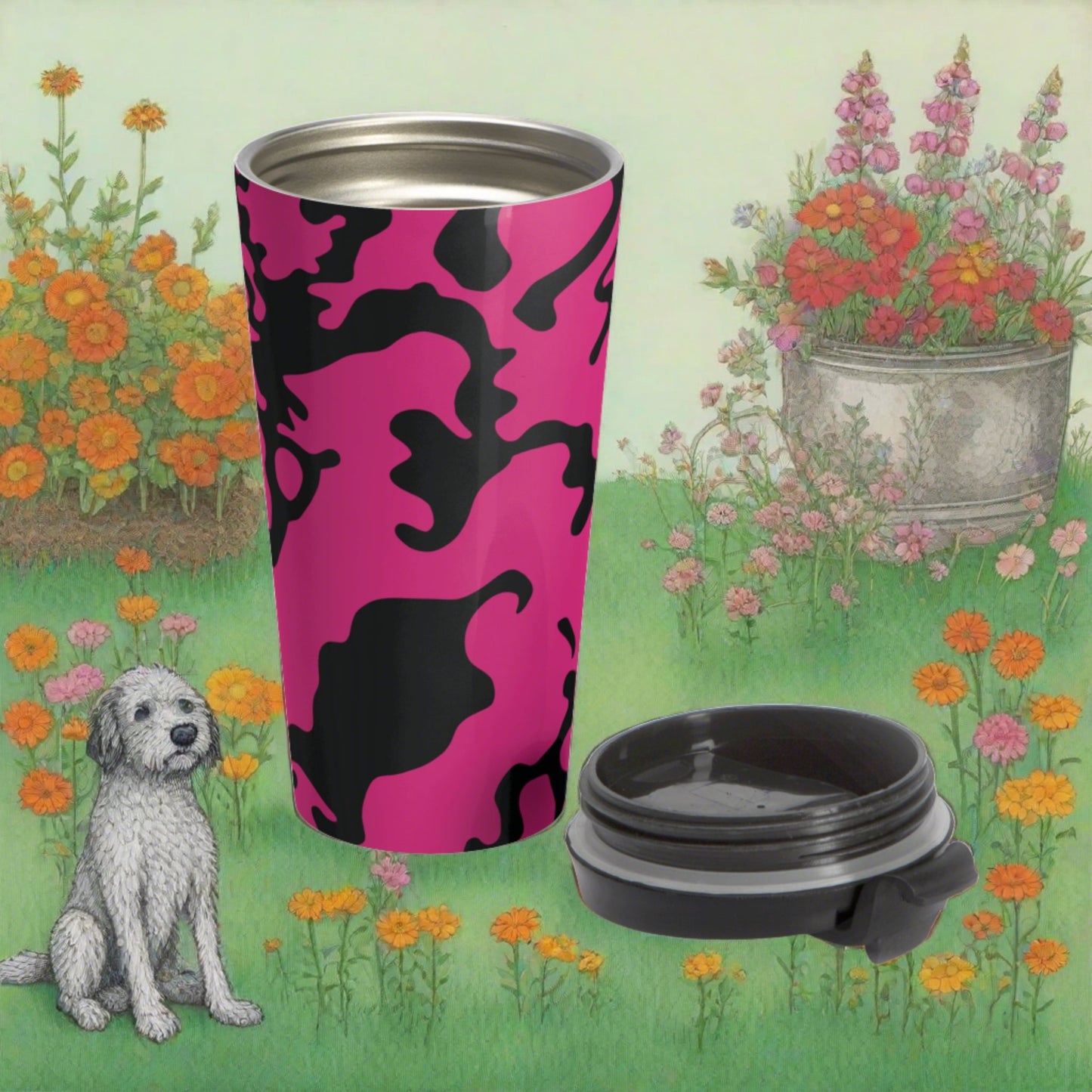 Stainless Steel Travel Mug With Cup 15oz (440ml)| Camouflage Fuchsia & Black Design