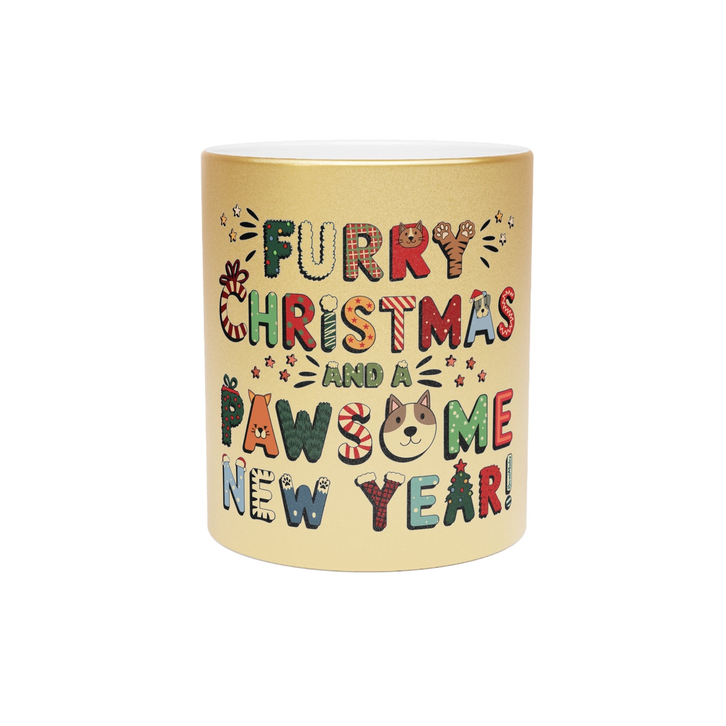 Silver & Gold Metallic Ceramic Mugs (11oz) | Furry Christmas Design | 2 colors