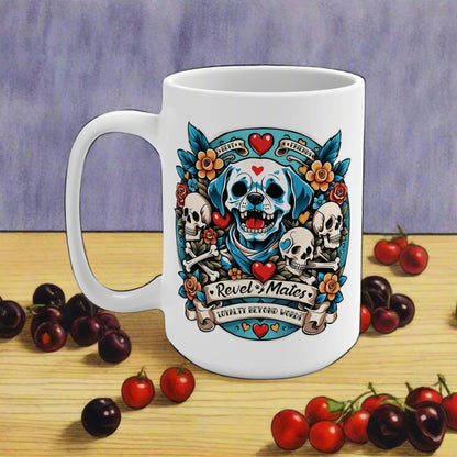 Ceramic Mug 15oz (440 ml) | Dog Skull Tattoo Design | 4 colors