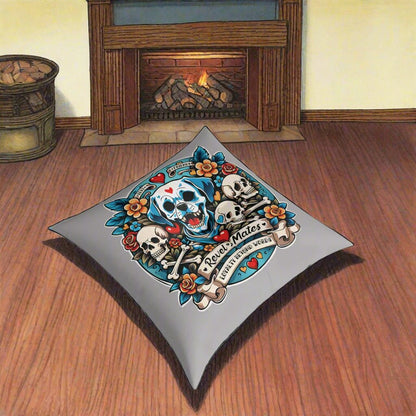 Square Tufted Floor Pillow | for Pets and Companions | Dog Skull Tattoo Design | 4 colors