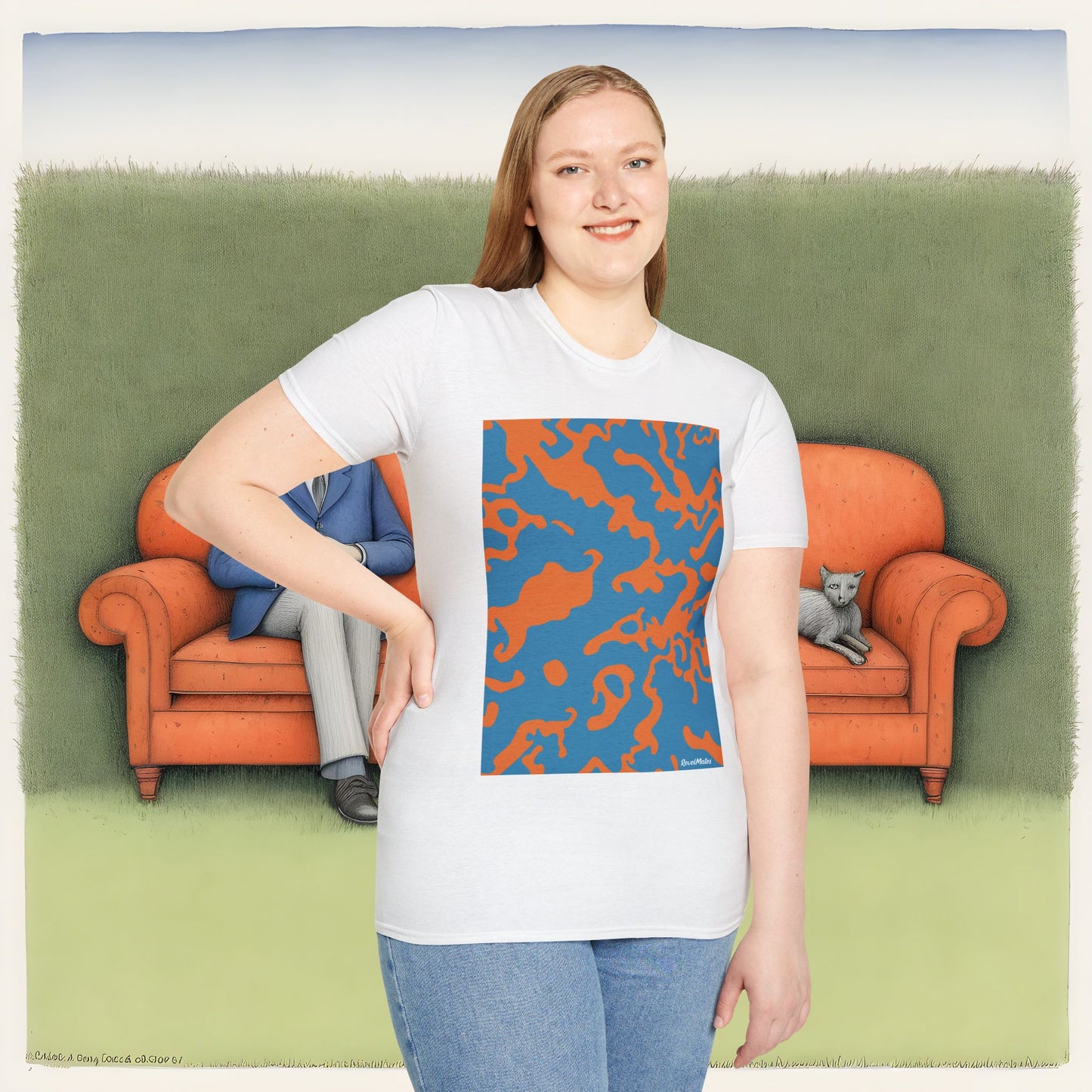 Unisex Softstyle T-Shirt | Camouflage Blue & Orange Design