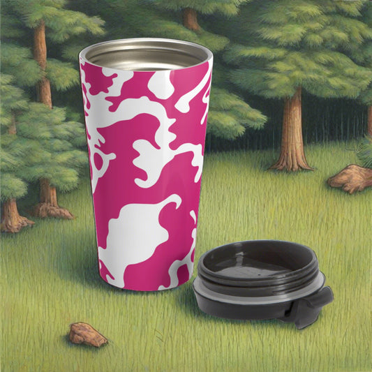 Stainless Steel Travel Mug With Cup 15oz (440ml) | Camouflage Fuchsia & White Design