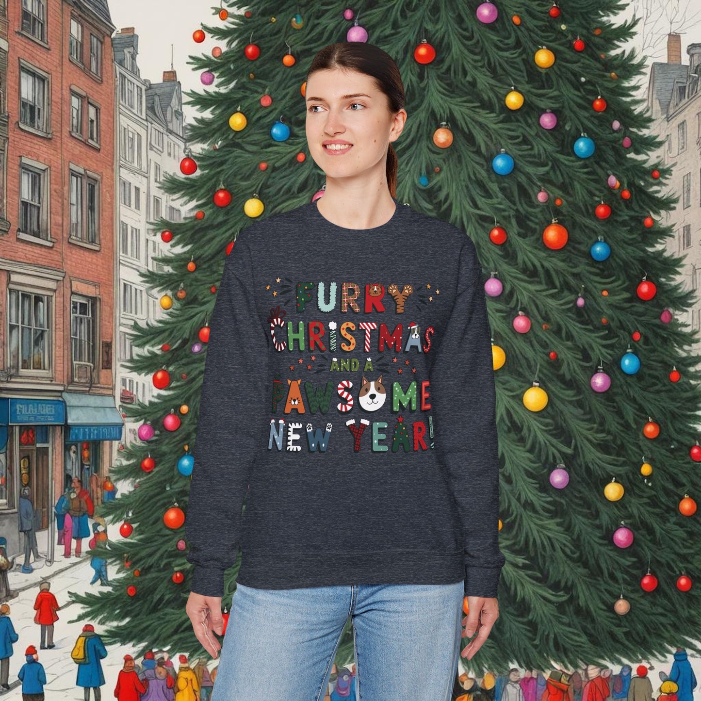 Unisex Heavy Blend™ Crewneck Sweatshirt | Heather and Antique Colors | Furry Christmas Design | 9 colors