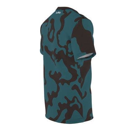 Unisex Cut & Sew T-Shirt | All Over Print Tee | Camouflage Turquoise & Brown Design