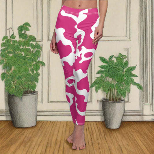 Women's Cut & Sew Casual Leggings | Camouflage Fuchsia & White Design