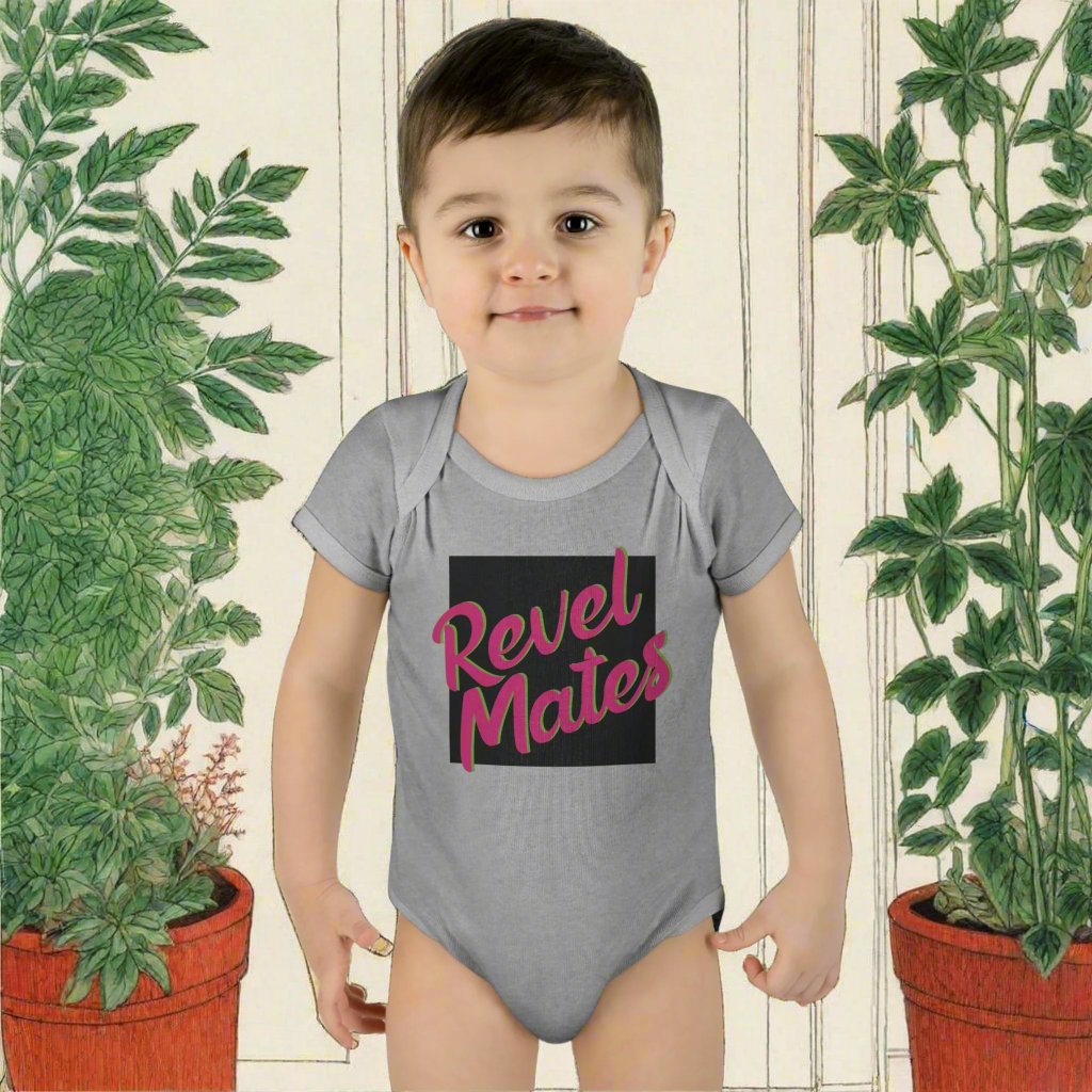 Infant Unisex Baby Rib Bodysuit | NB-24M | Black & Fuchsia RevelMates Square Design | 4 colors