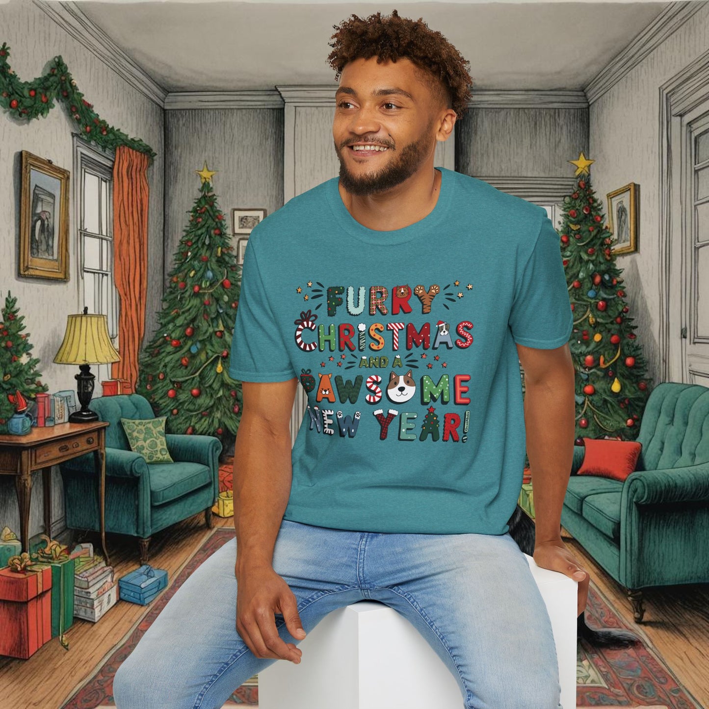 Unisex Softstyle T-Shirt | Heather and Antique Colors | Furry Christmas Design | 15 colors