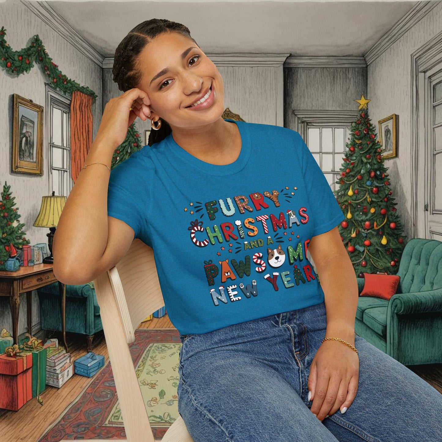 Unisex Softstyle T-Shirt | Heather and Antique Colors | Furry Christmas Design | 15 colors