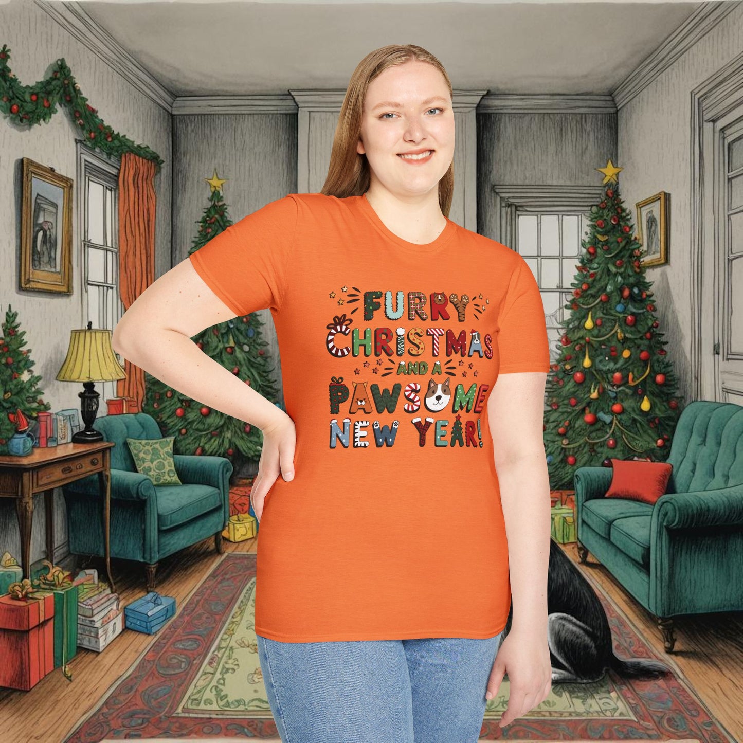 Unisex Softstyle T-Shirt | Heather and Antique Colors | Furry Christmas Design | 15 colors