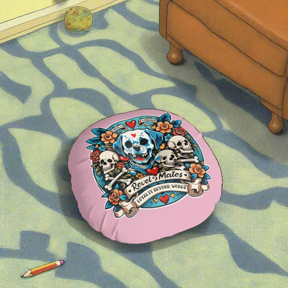 Round Tufted Floor Pillow | for Pets and Companions | Dog Skull Tattoo Design | 4 colors