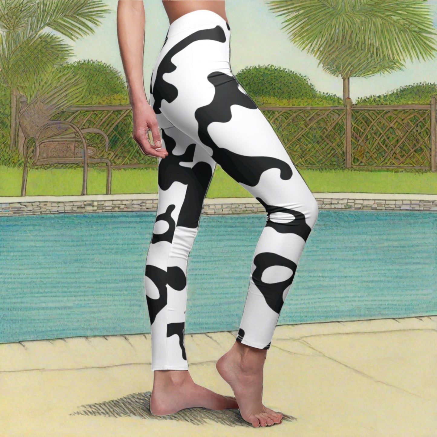 Women's Cut & Sew Casual Leggings | Camouflage Black & White Design