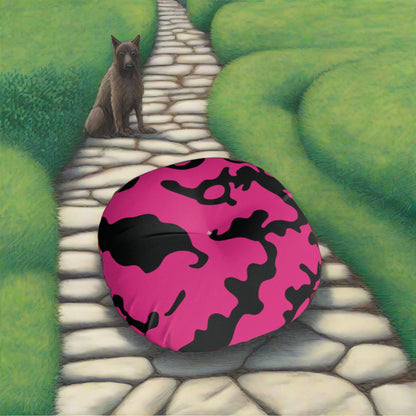 Round Tufted Floor Pillow | for Pets and Companions | Camouflage Fuchsia & Black Design