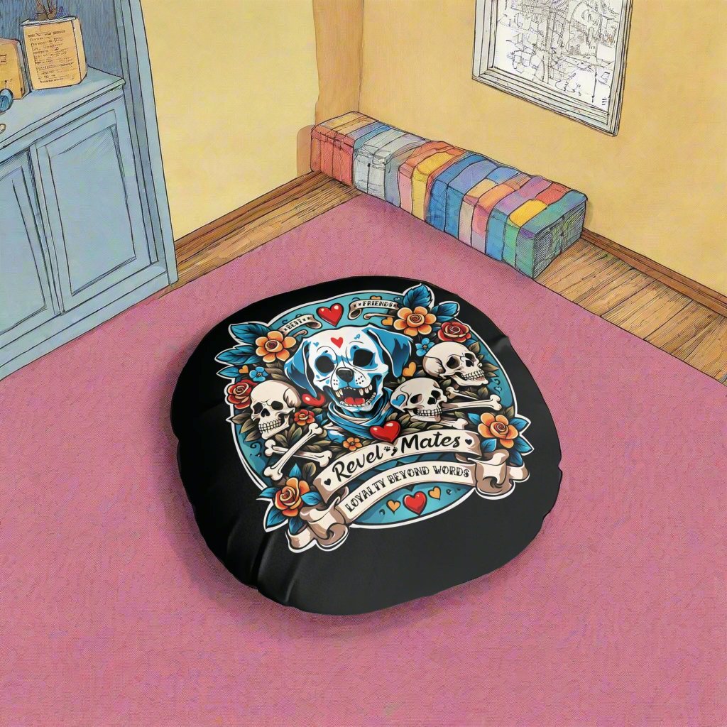 Round Tufted Floor Pillow | for Pets and Companions | Dog Skull Tattoo Design | 4 colors