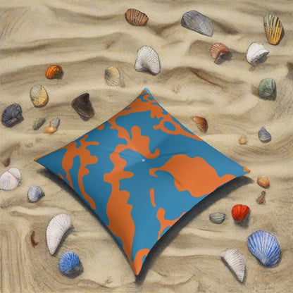 Square Tufted Floor Pillow | for Pets and Companions | Camouflage Blue & Orange Design