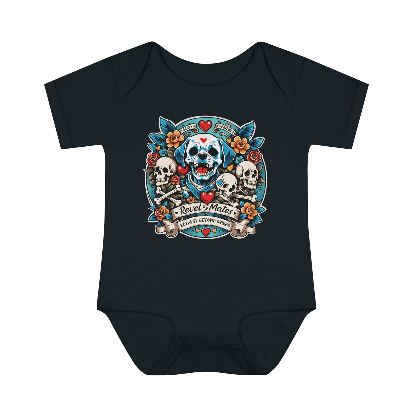 Infant Unisex Baby Rib Bodysuit | NB-24M | Dog Skull Tattoo Design | 4 colors