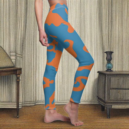 Women's Cut & Sew Casual Leggings | Camouflage Blue & Orange Design