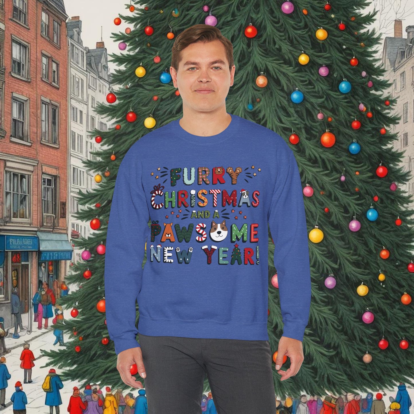 Unisex Heavy Blend™ Crewneck Sweatshirt | Heather and Antique Colors | Furry Christmas Design | 9 colors