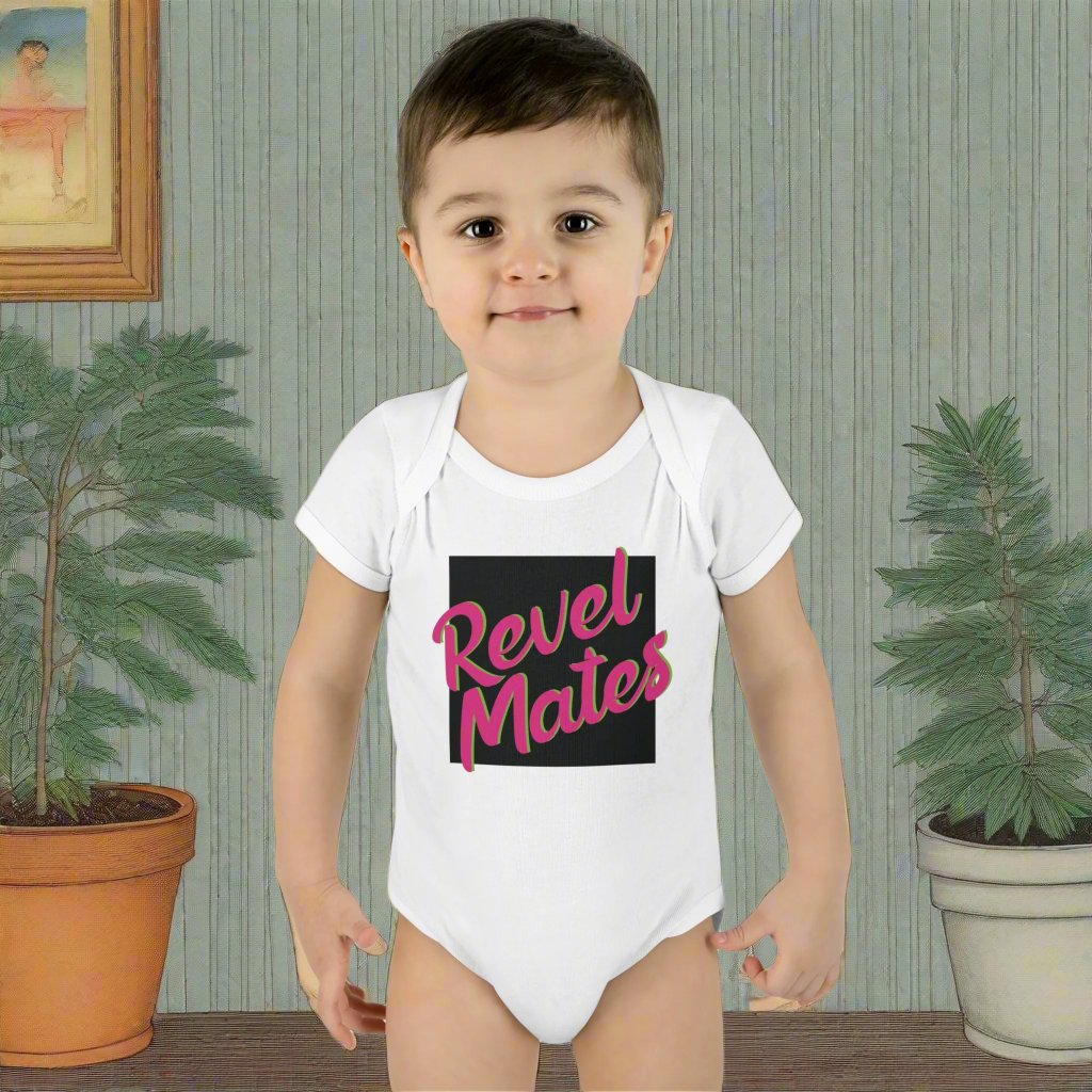 Infant Unisex Baby Rib Bodysuit | NB-24M | Black & Fuchsia RevelMates Square Design | 4 colors