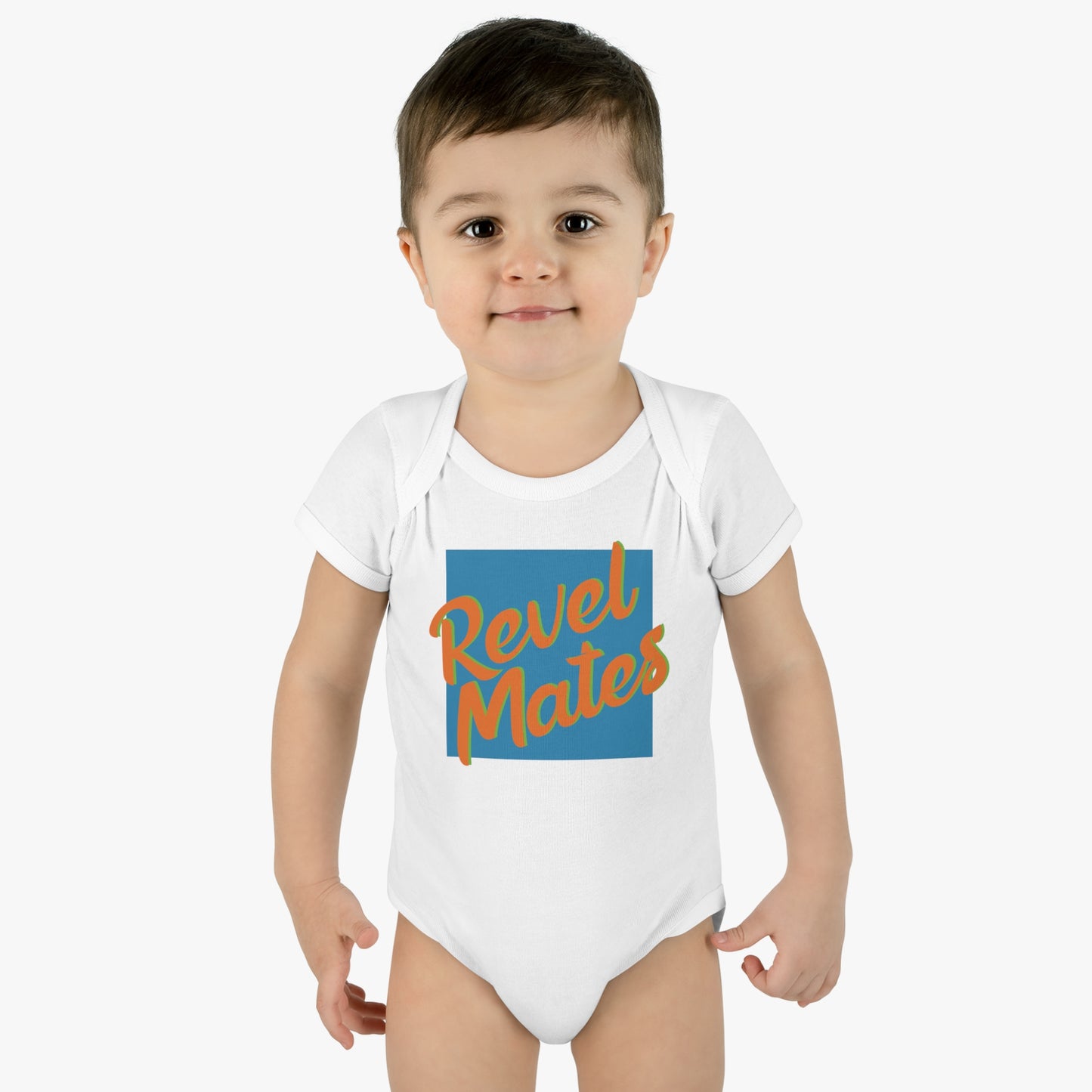 Unisex Infant Baby Rib Bodysuit | NB-24M | Blue & Orange RevelMates Square Design | 4 colors