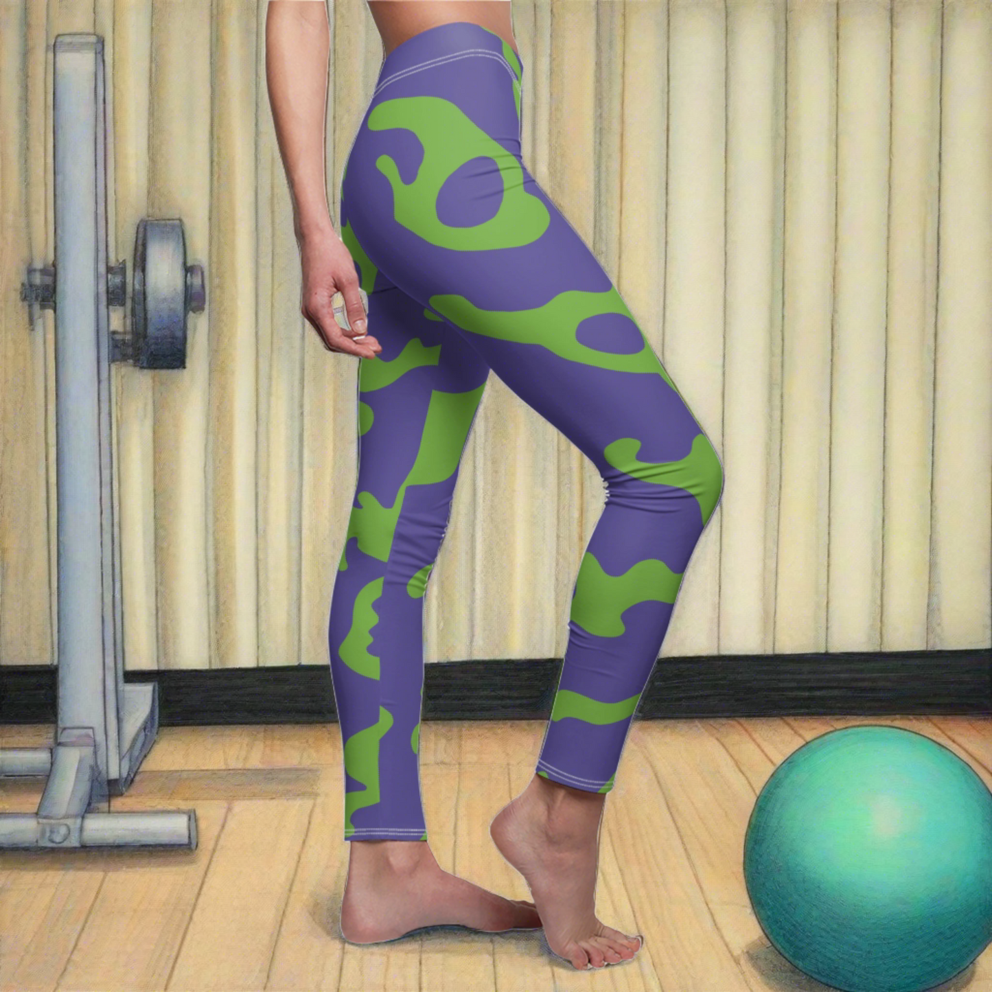 Women's Cut & Sew Casual Leggings | Camouflage Lavender & Lime Design