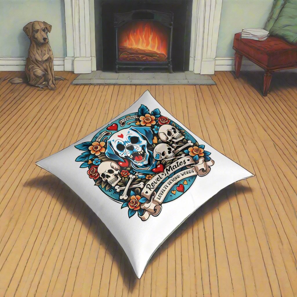 Square Tufted Floor Pillow | for Pets and Companions | Dog Skull Tattoo Design | 4 colors