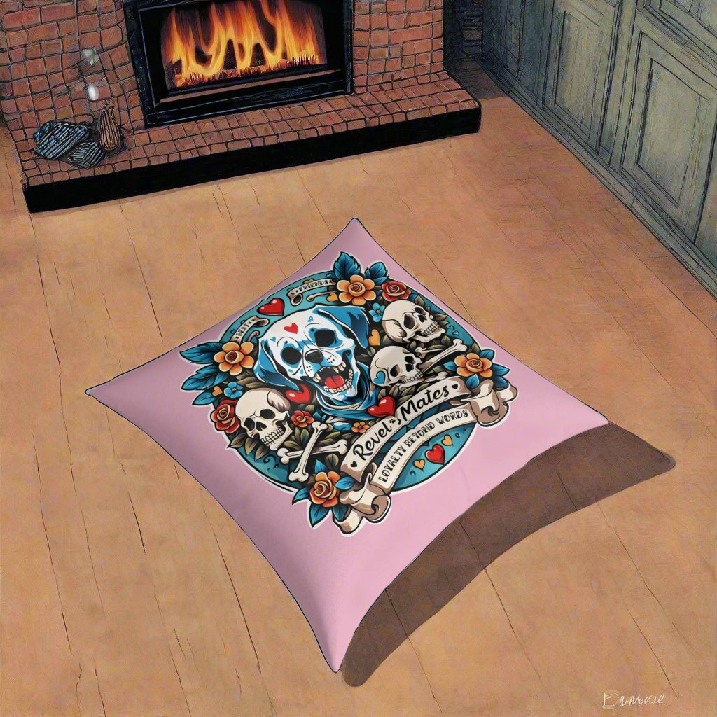 Square Tufted Floor Pillow | for Pets and Companions | Dog Skull Tattoo Design | 4 colors