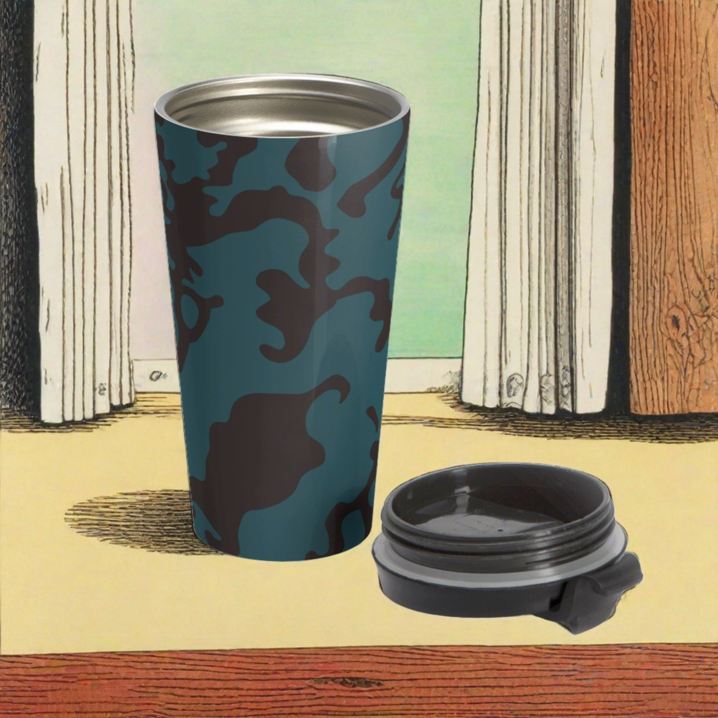 Stainless Steel Travel Mug With Cup 15oz (440ml) | Camouflage Turquoise & Brown Design
