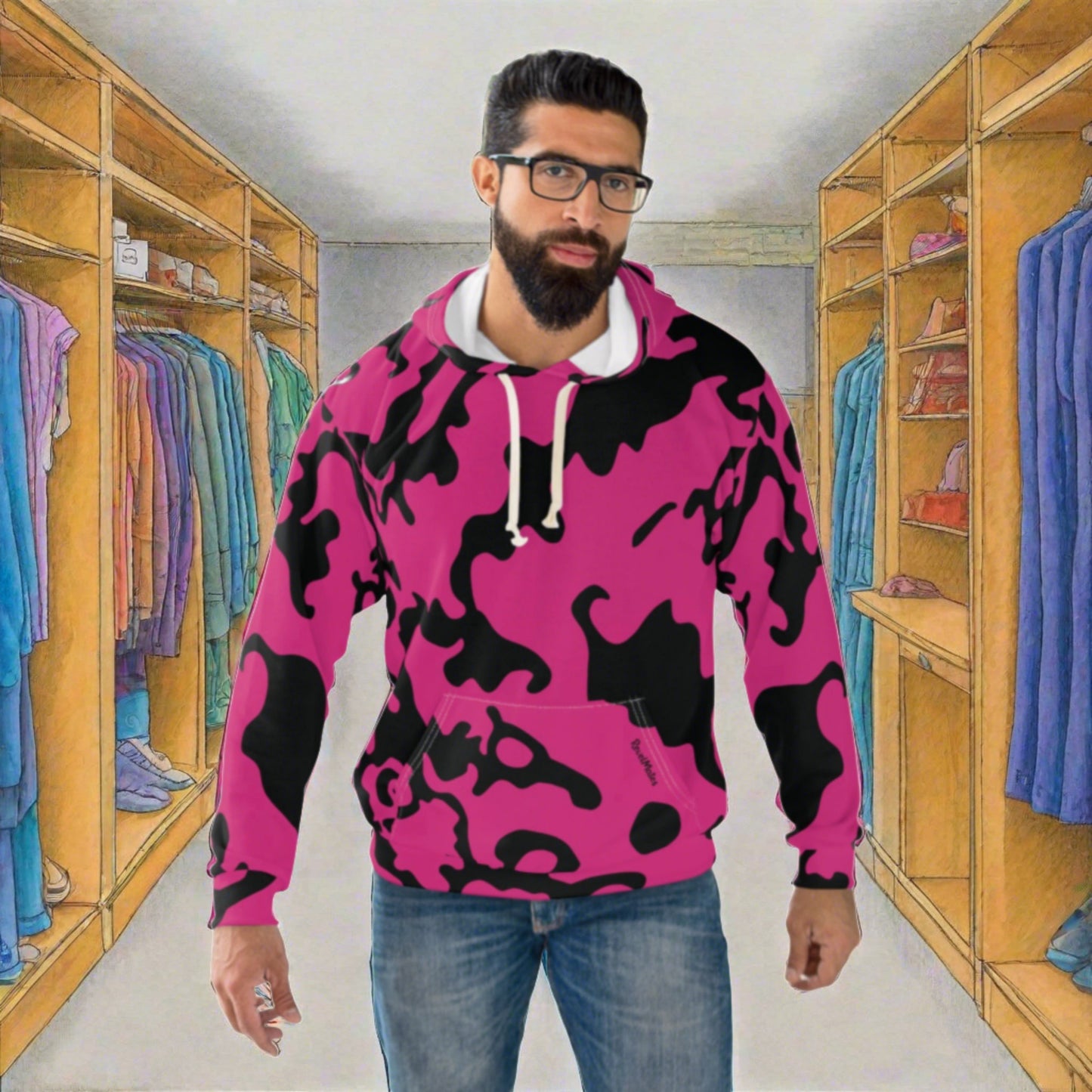 Unisex Cut & Sew Pullover Hoodie | All Over Print Hoodie | Camouflage Fuchsia & Black Design