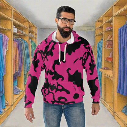 Unisex Cut & Sew Pullover Hoodie | All Over Print Hoodie | Camouflage Fuchsia & Black Design