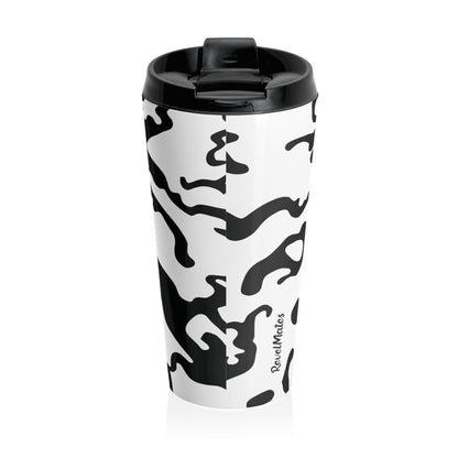 Stainless Steel Travel Mug With Cup 15oz (440ml) | Camouflage Black & White Design