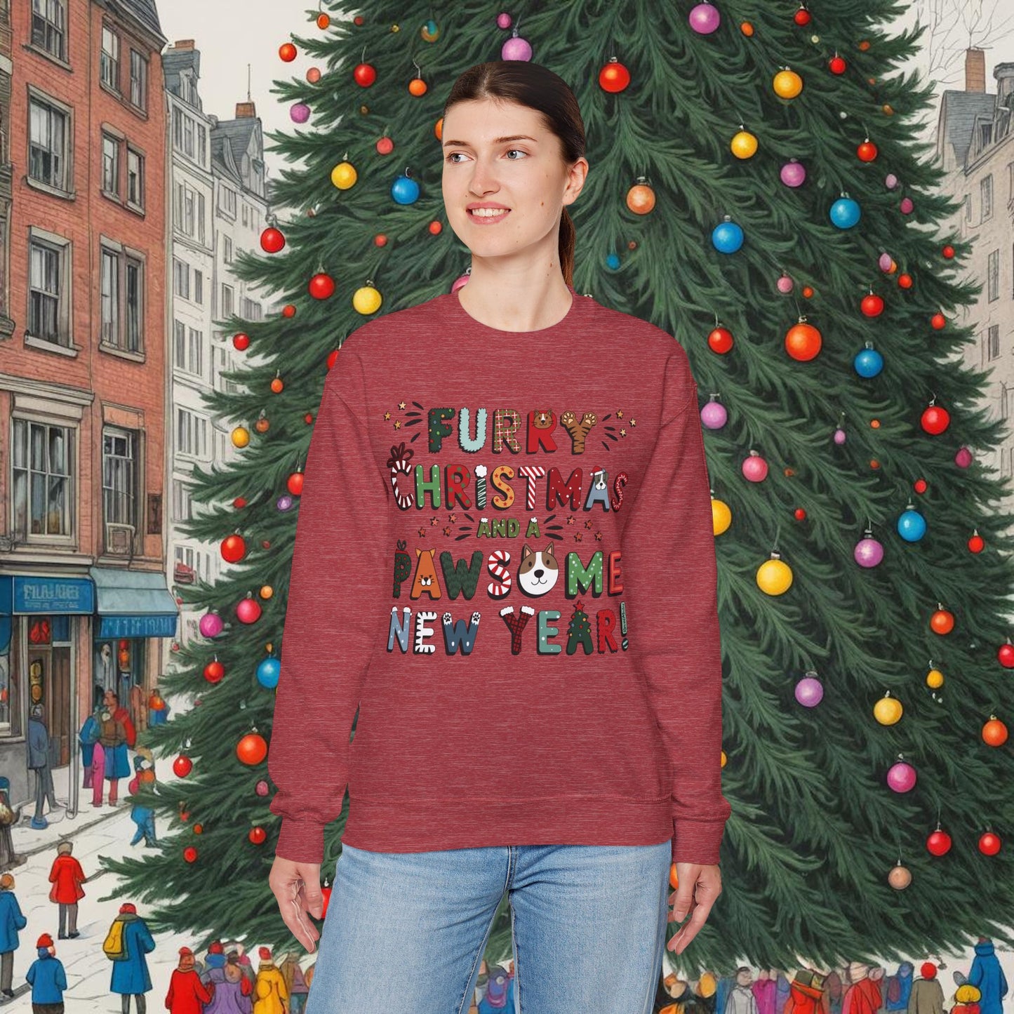 Unisex Heavy Blend™ Crewneck Sweatshirt | Heather and Antique Colors | Furry Christmas Design | 9 colors