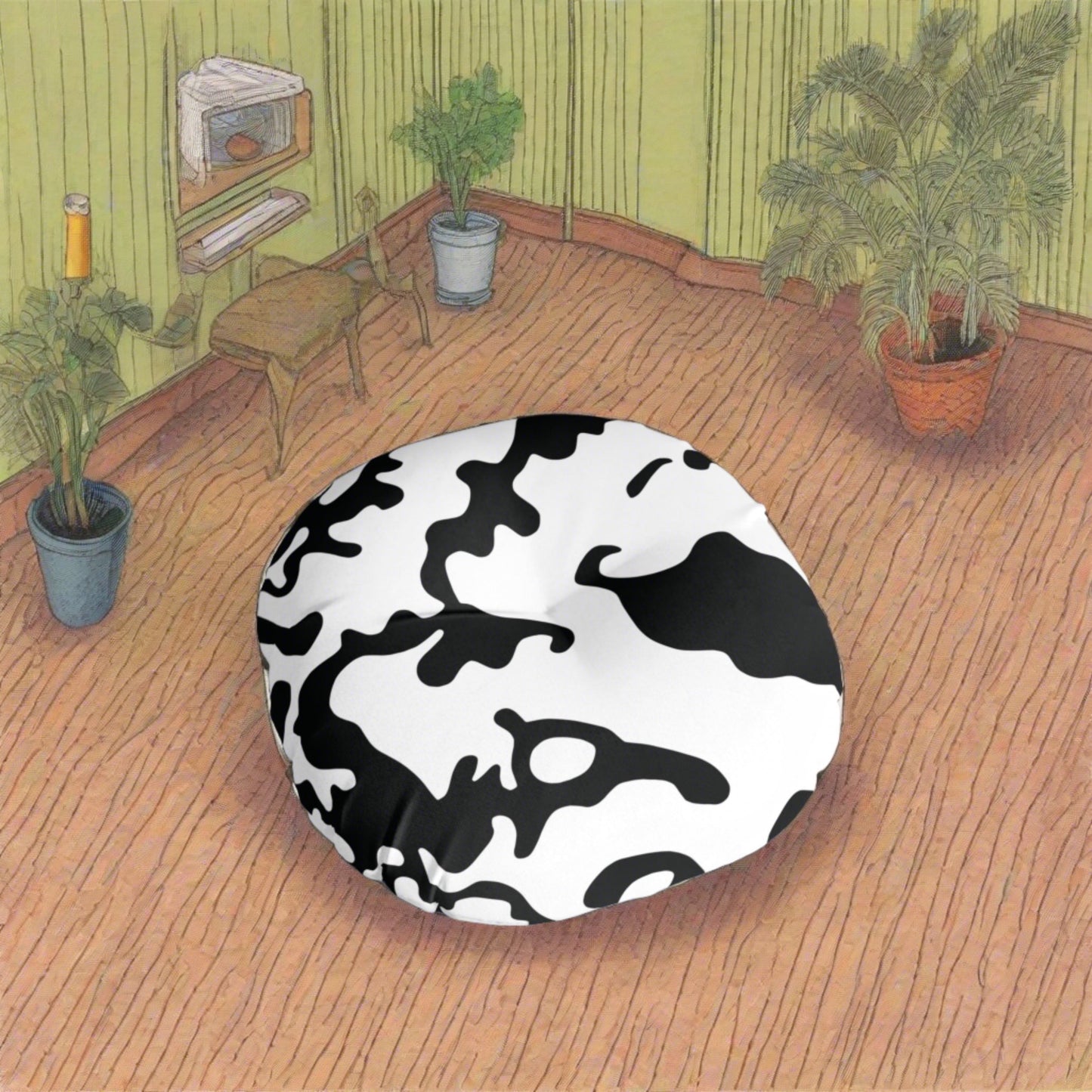 Round Tufted Floor Pillow | for Pets and Companions | Camouflage Black & White Design