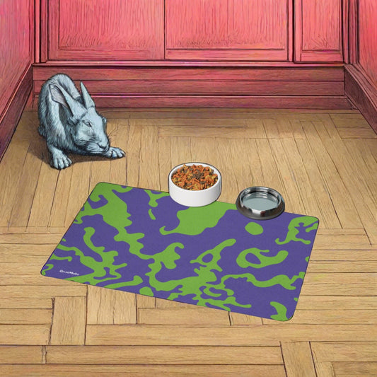 Pet Food Mat (12"x18") | for Dogs, Cats and all beloved Pets | Camouflage Lavender & Lime Design