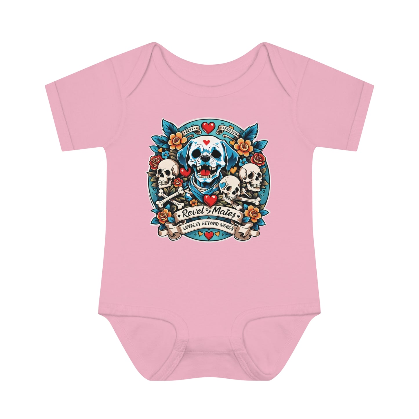 Infant Unisex Baby Rib Bodysuit | NB-24M | Dog Skull Tattoo Design | 4 colors