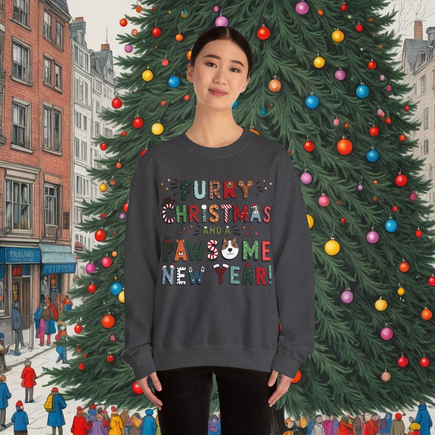 Unisex Heavy Blend Crewneck Sweatshirt | Heather and Antique Colors | Furry Christmas Design | 9 colors